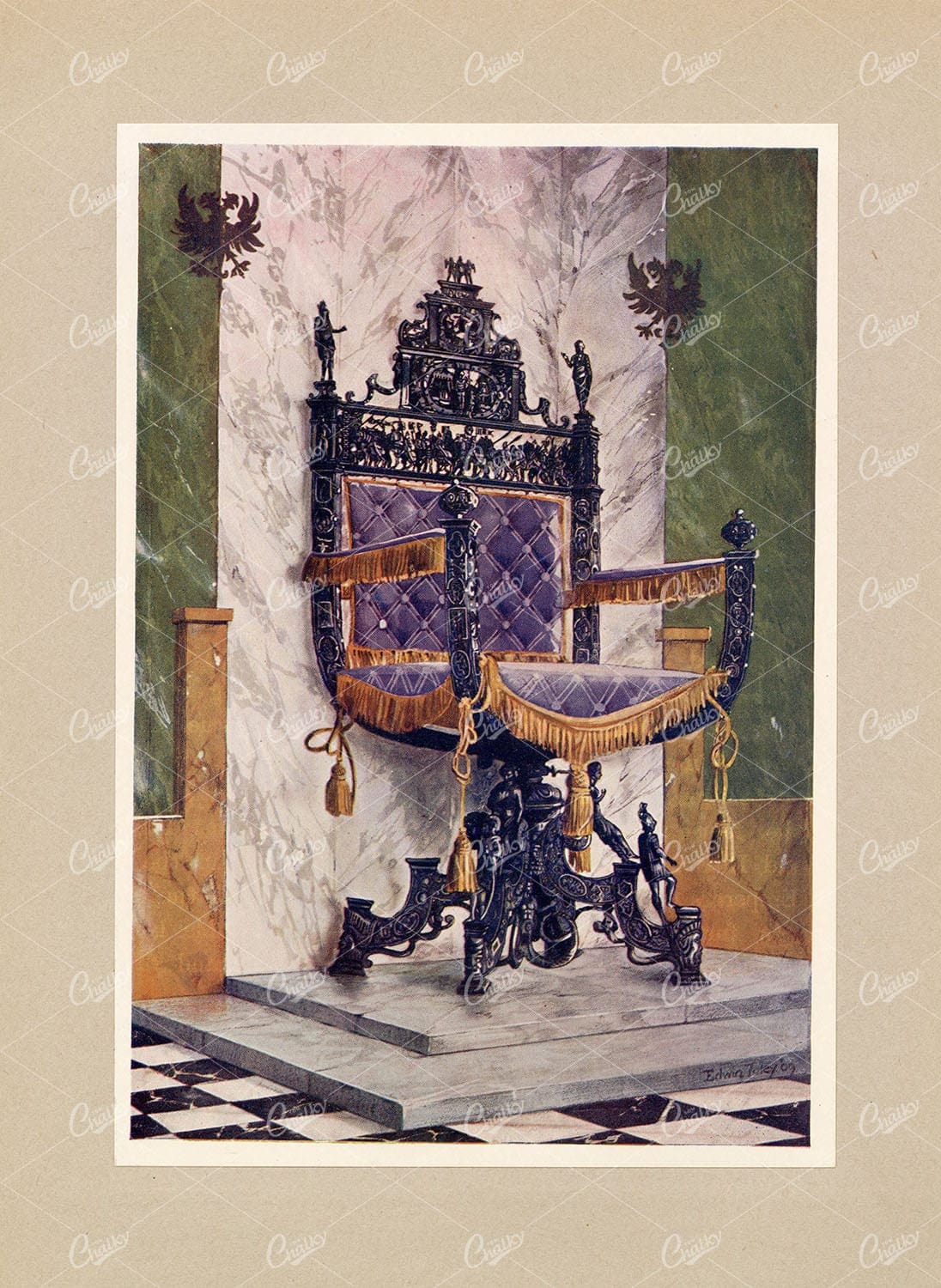 ANTIQUE Print - Wrough Steel Chair Furniture Lithograph - Edwin Foley