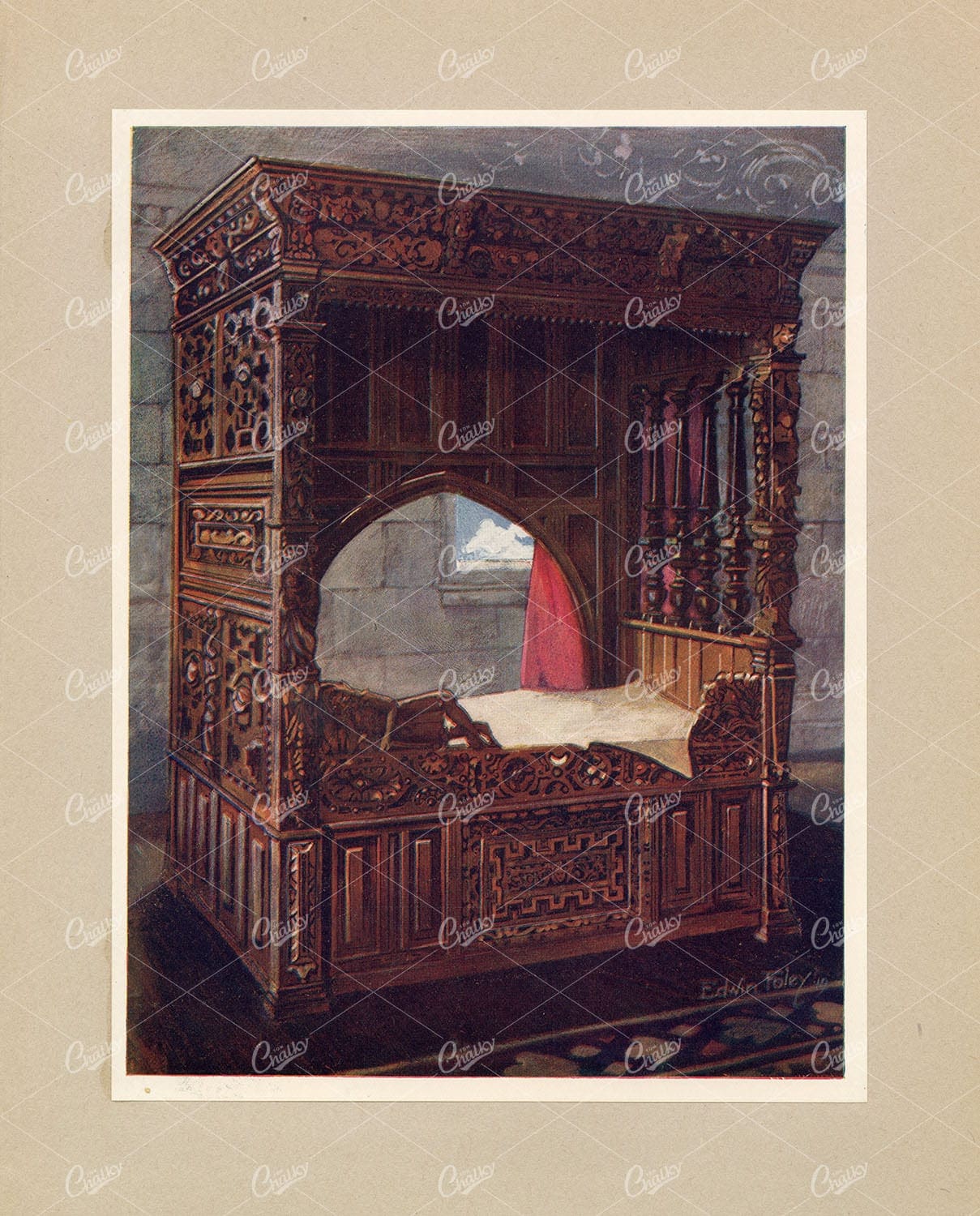 ANTIQUE Furniture - Carved Oak Bedstead of Jeanne D'Albret - E. Foley