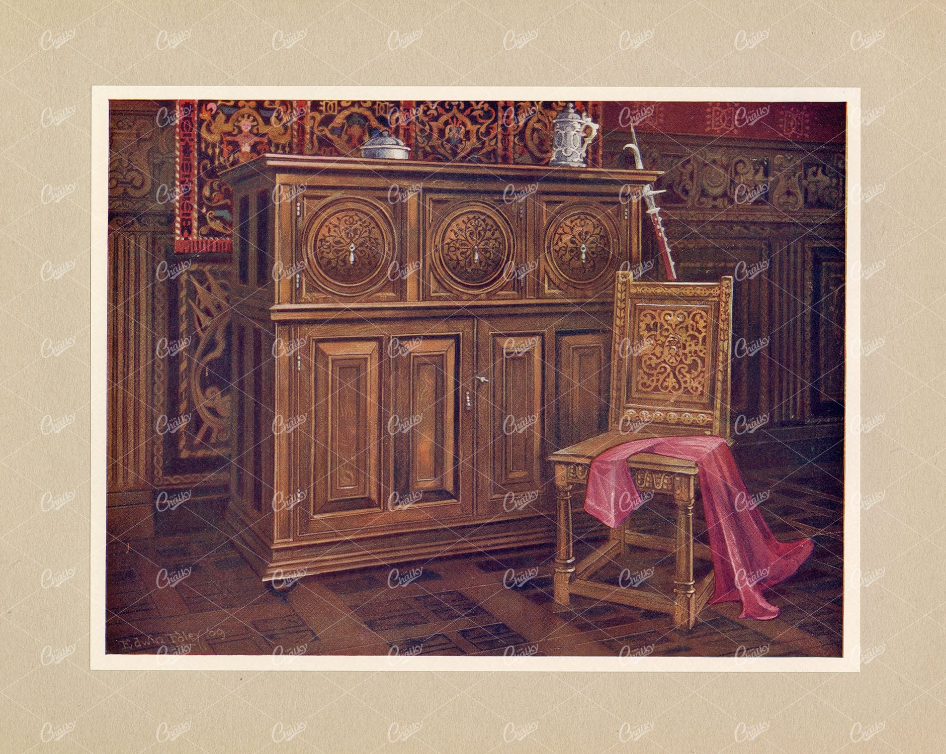 ANTIQUE Furniture Print - Oak Cabinet and Walnut Chair - Edwin Foley 1910