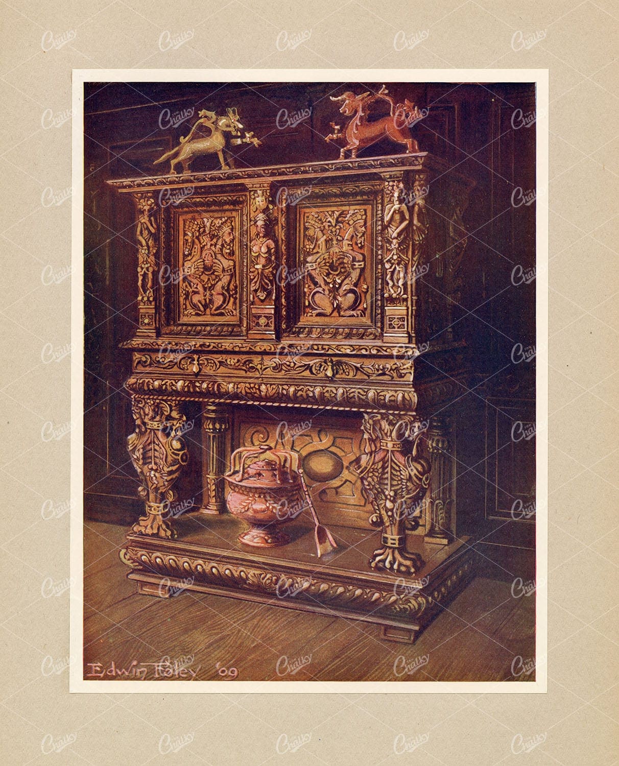 ANTIQUE Furniture Print - Carved Bourgouignon Credence - Edwin Foley 1910