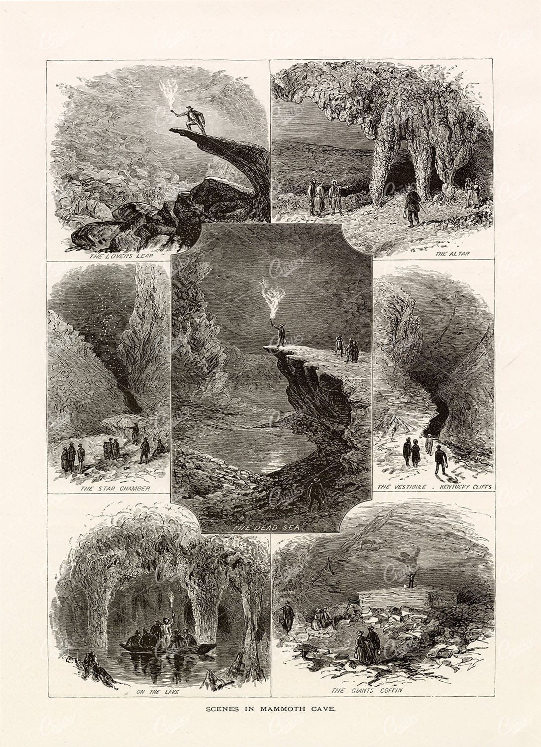 MAMMOTH CAVE Scenes, Kentucky USA. Picturesque America 1874
