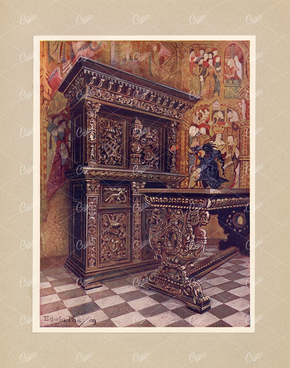 OLD Furniture Print - Carved Oak Armoire and Table - Edwin Foley 1910