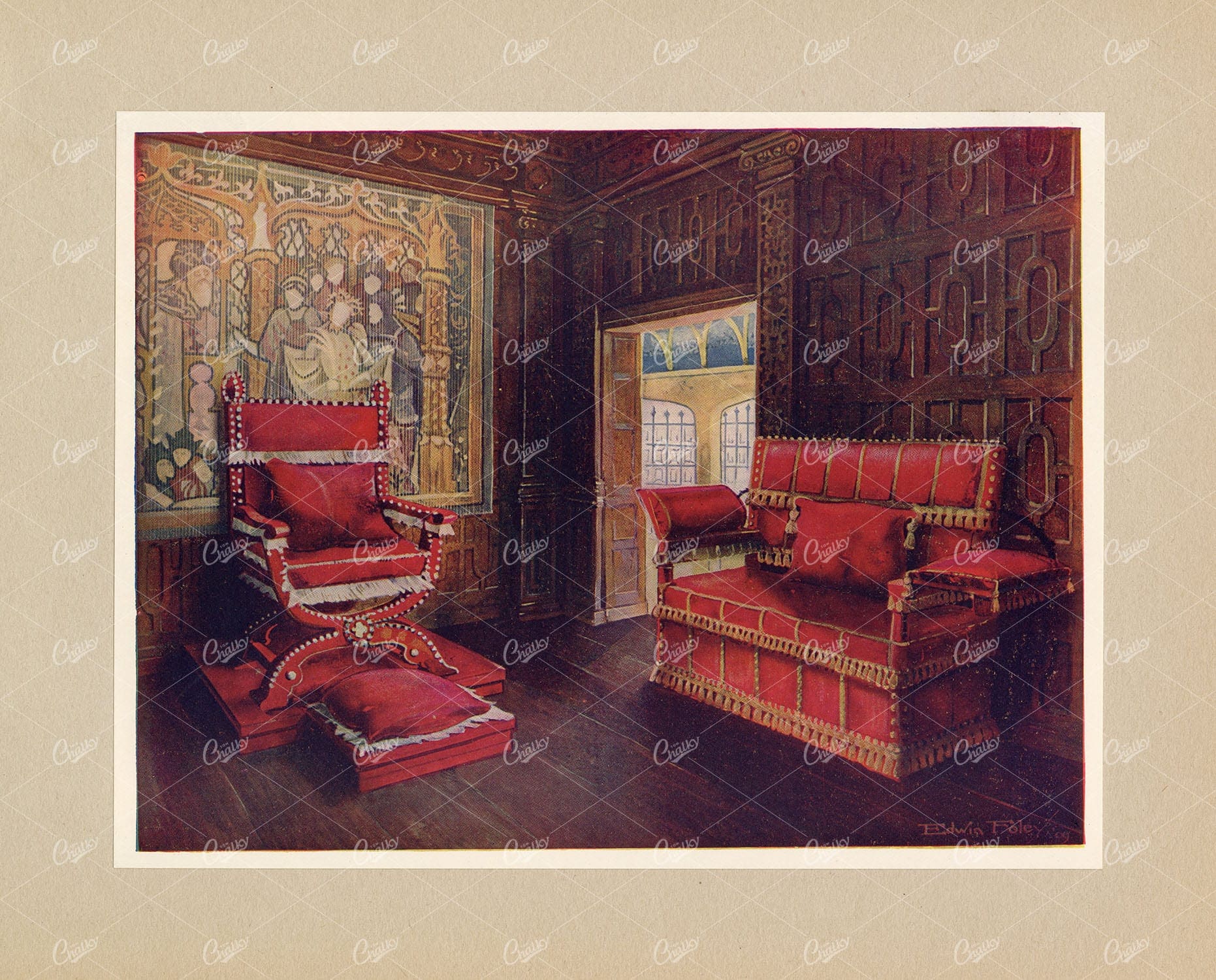 ANTIQUE Furniture Print - Upholstered Chair and Couch - Edwin Foley