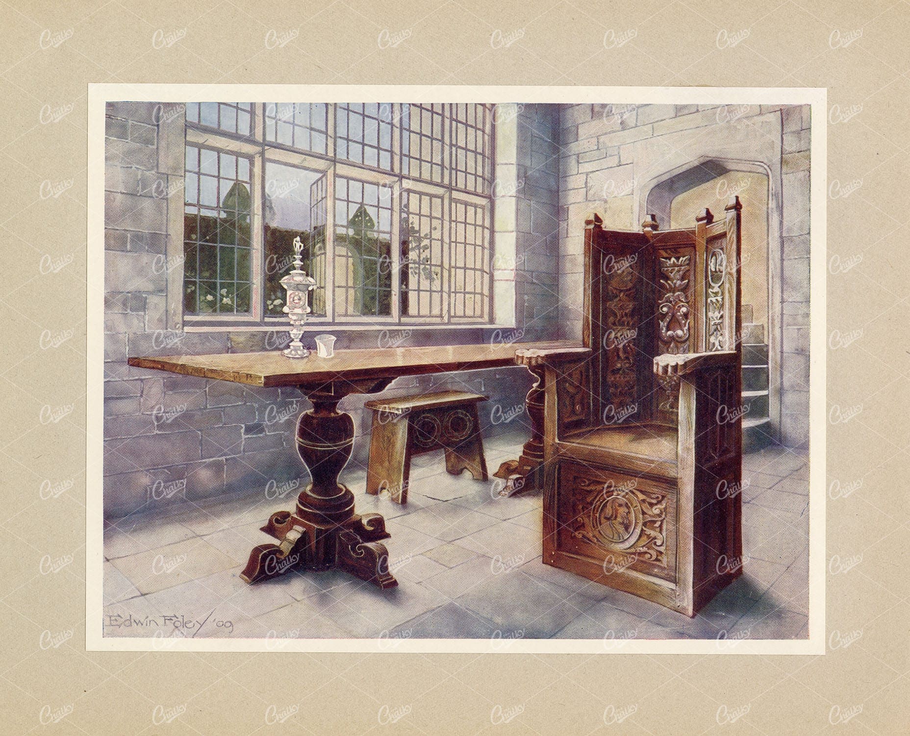 ANTIQUE Furniture Print - Oak Trestle Table, "Mine Hosts" Chair 1910