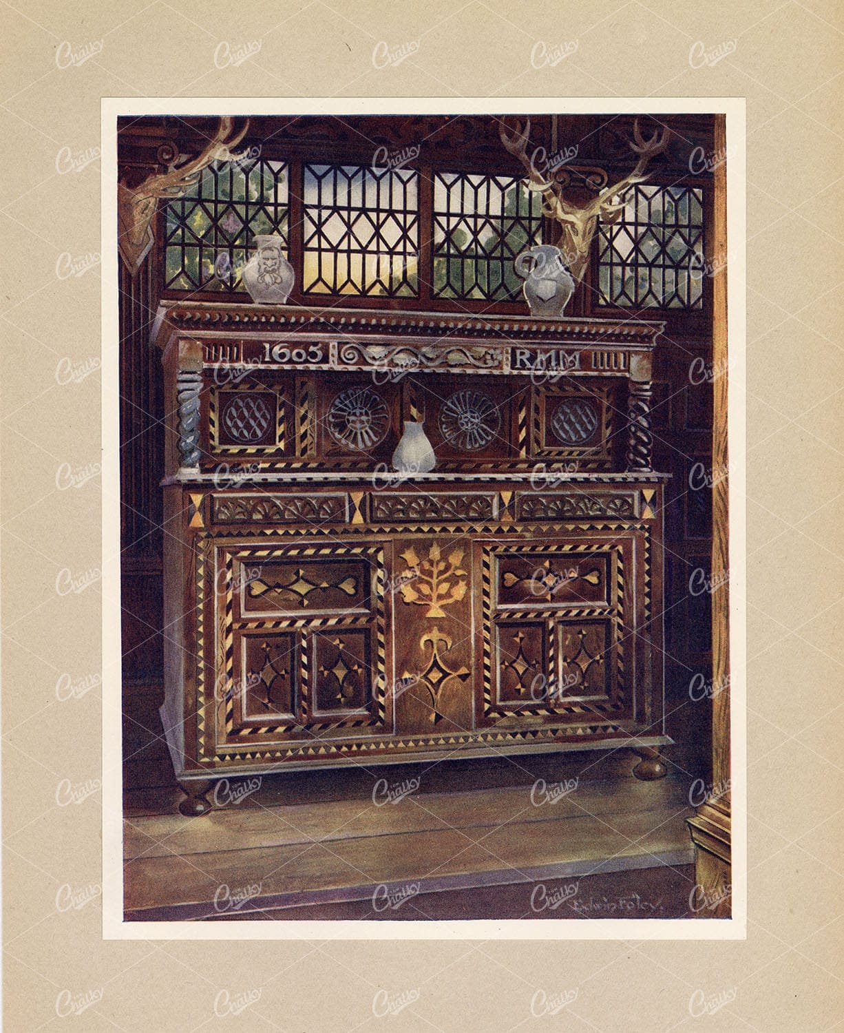 ANTIQUE Furniture Print - Carved, Inlaid Oak Court Cupboard - Edwin Foley