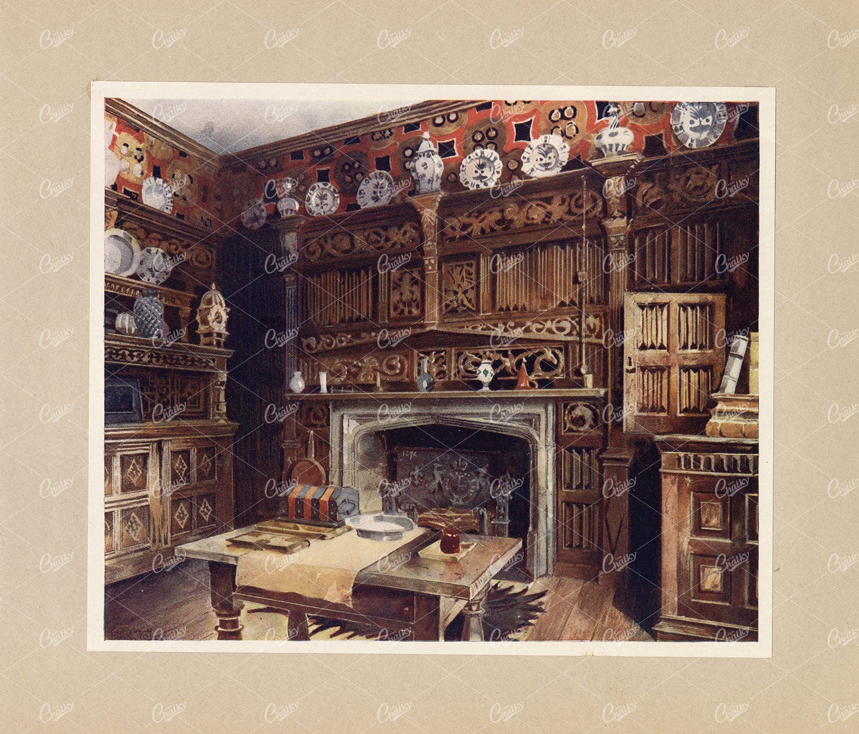 ANTIQUE Furniture Print - Panelled Study, Groombridge Place, Kent