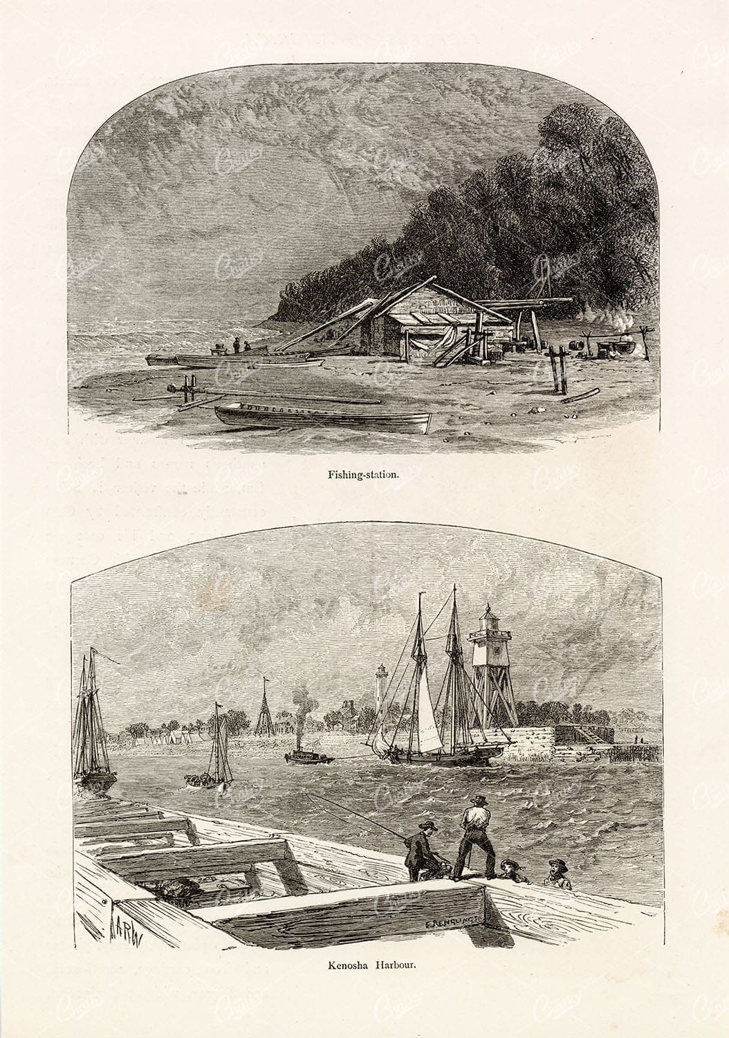 KENOSHA Harbour / Fishing Station - Picturesque America 1874 Engraving