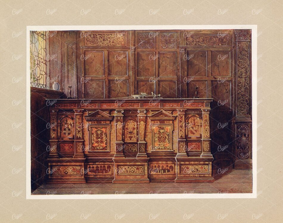 MEDIEVAL Decorative Furniture - Inlaid Muniment Chest 1556 - Antique Print