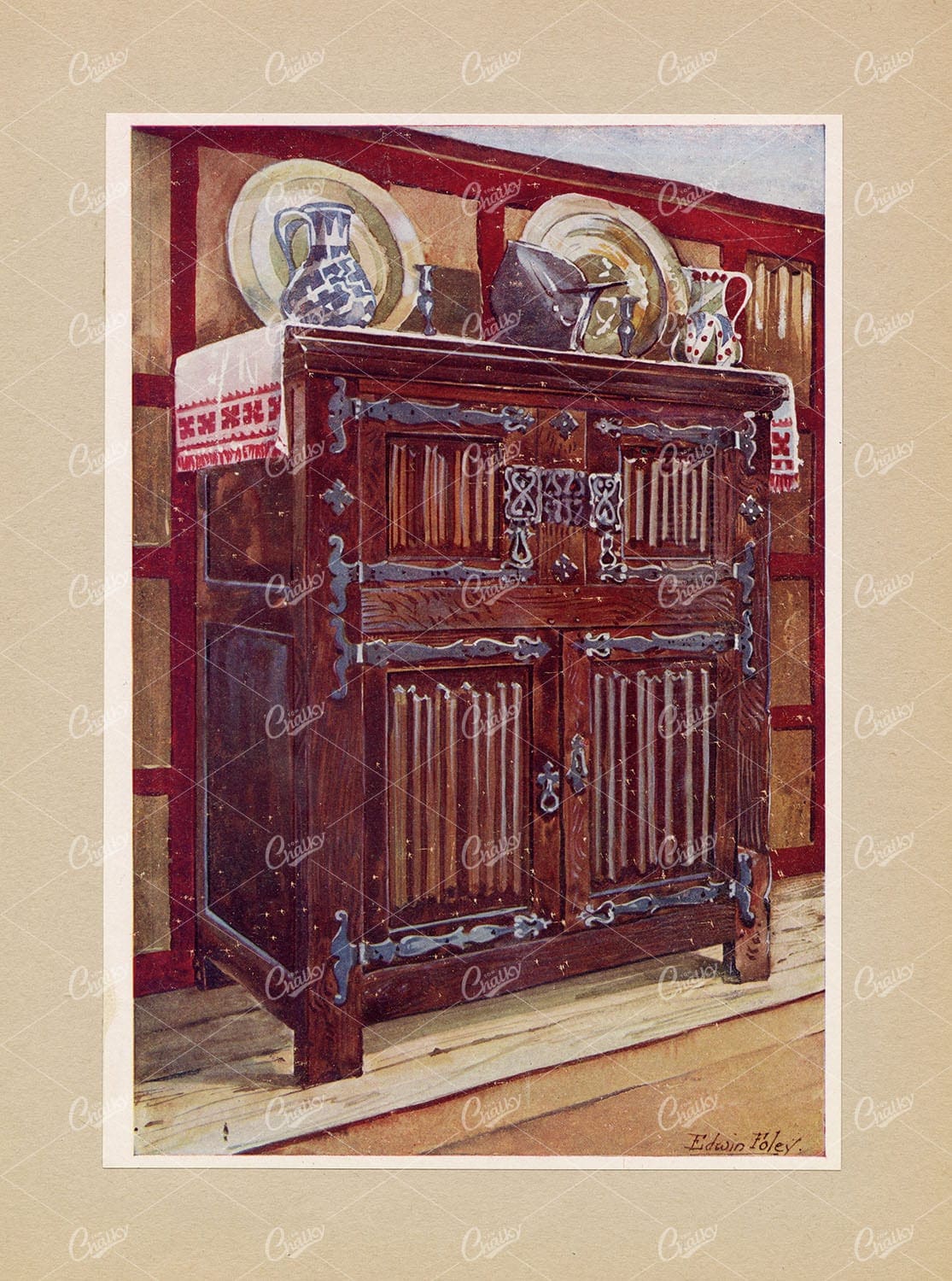 ANTIQUE DECORATIVE Furniture Print - Oak Double Hutch - Edwin Foley