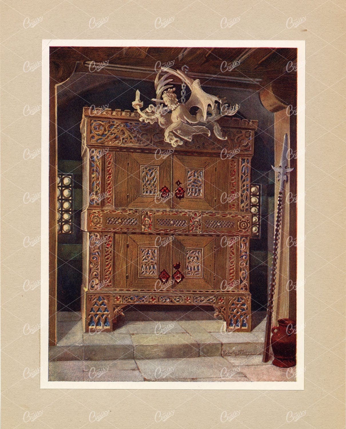 GOTHIC Schrank - Bavarian National Museum, Munich - Antique Print
