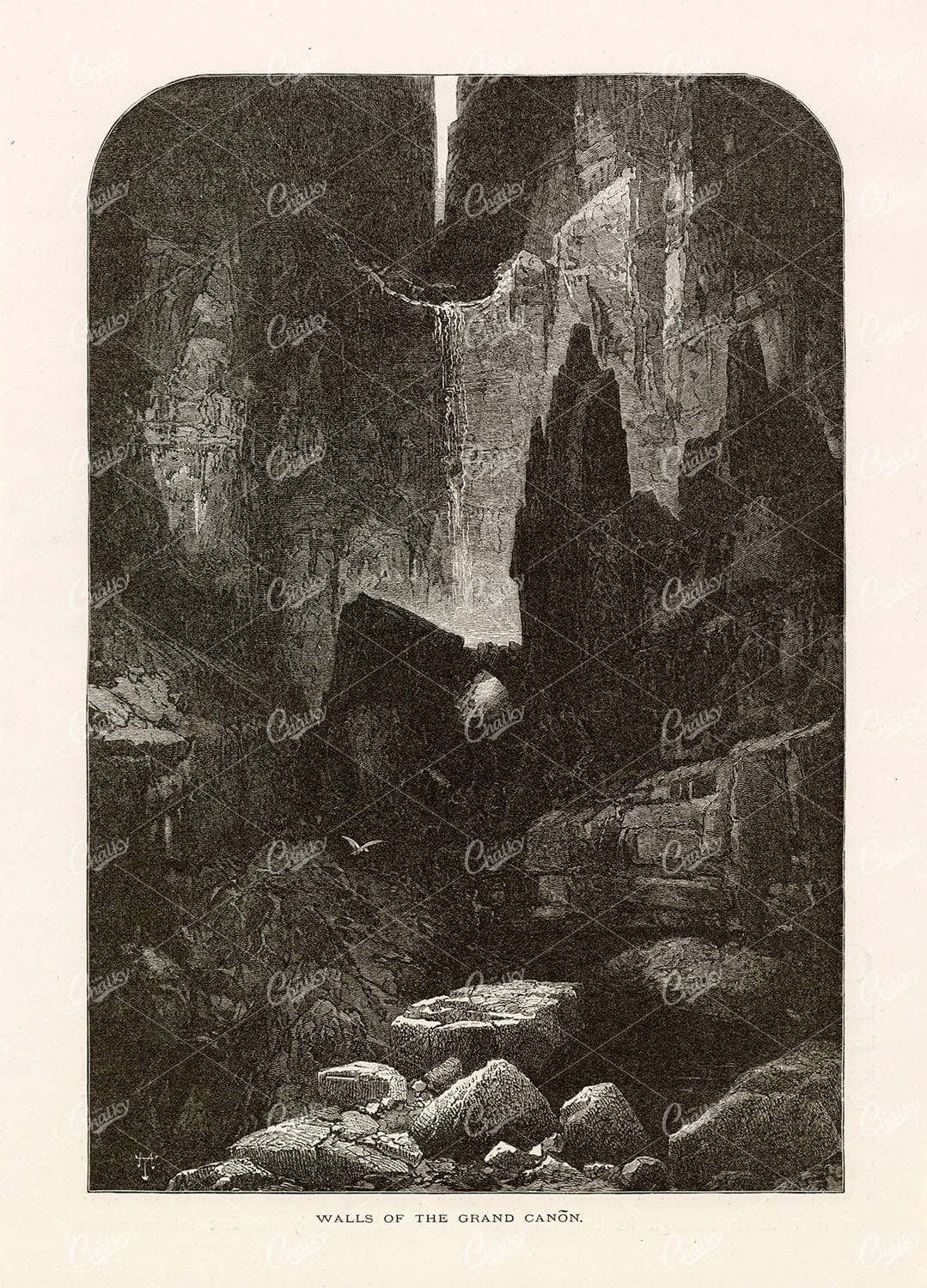 ARIZONA - Grand Canyon Walls - Picturesque America 1874 Engraving
