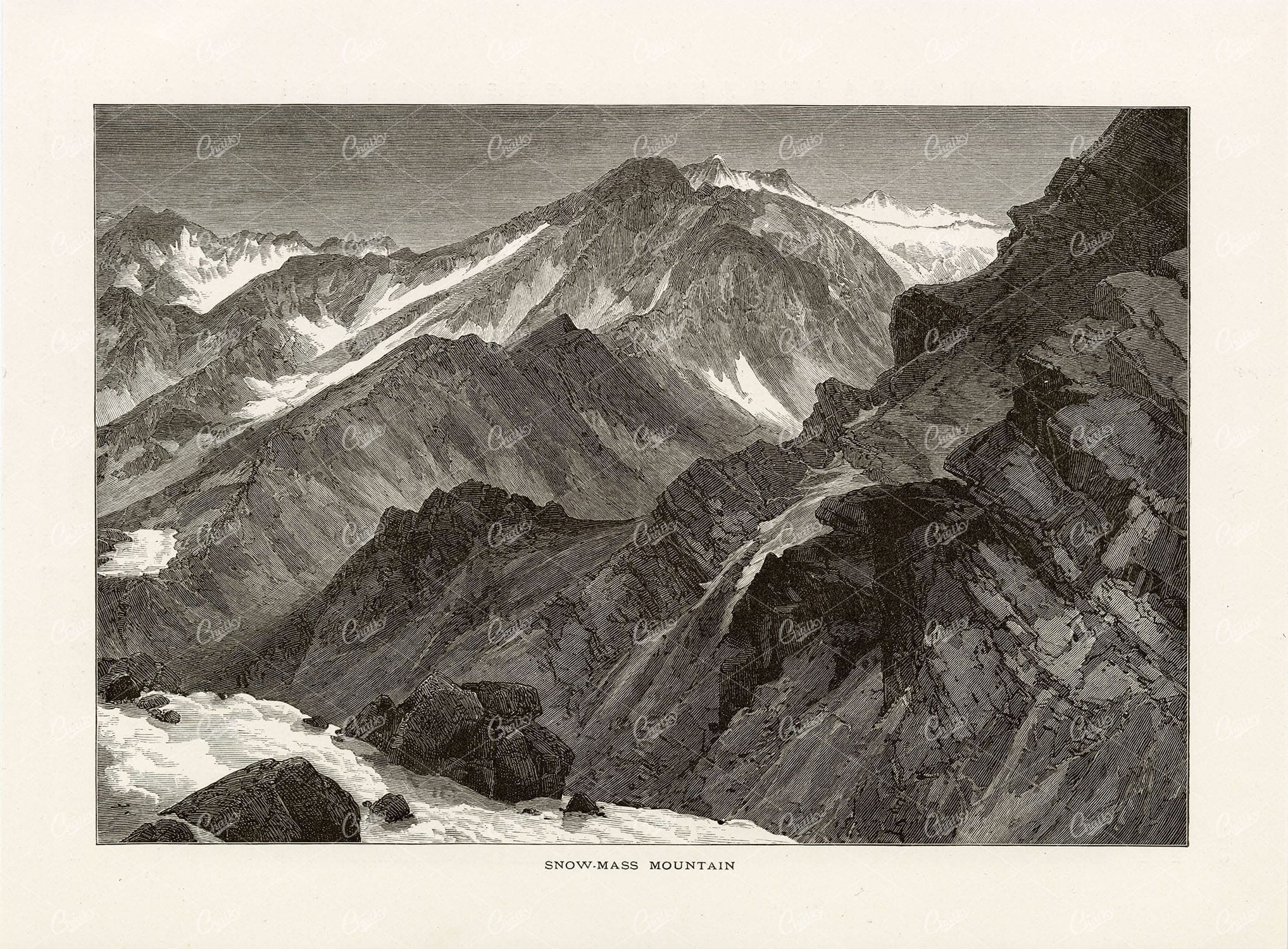 COLORADO - Snow-Mass Mountain, Elk Mountains - 1874 Engraving