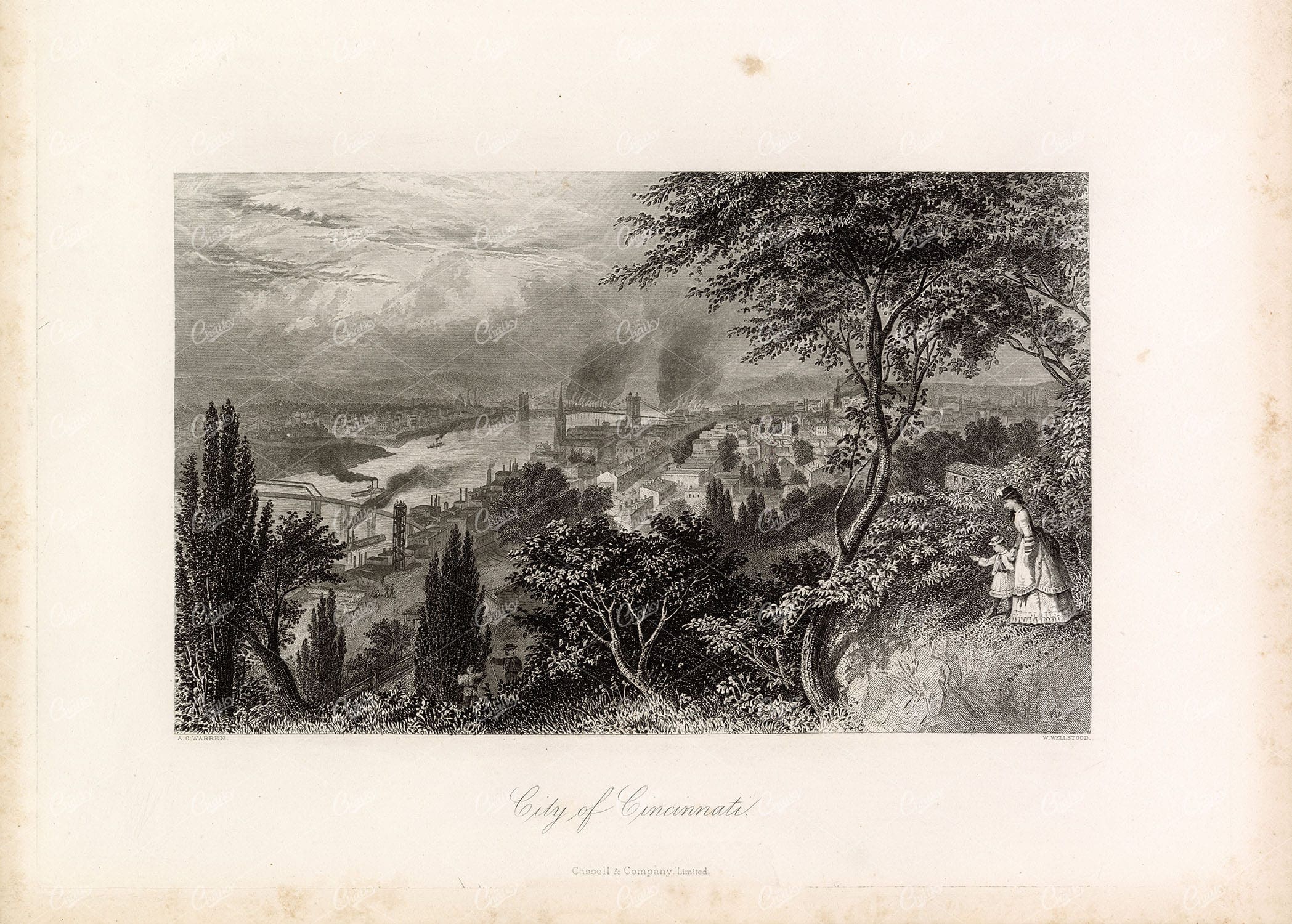 ANTIQUE Print of the City of Cincinati, Ohio - 1874 Original Engraving