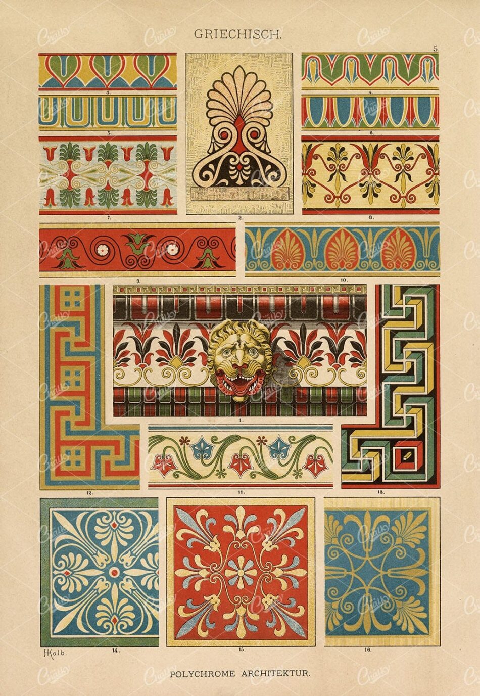 ANTIQUE Greek Ornament Design - Polychrome Architecture - 1889
