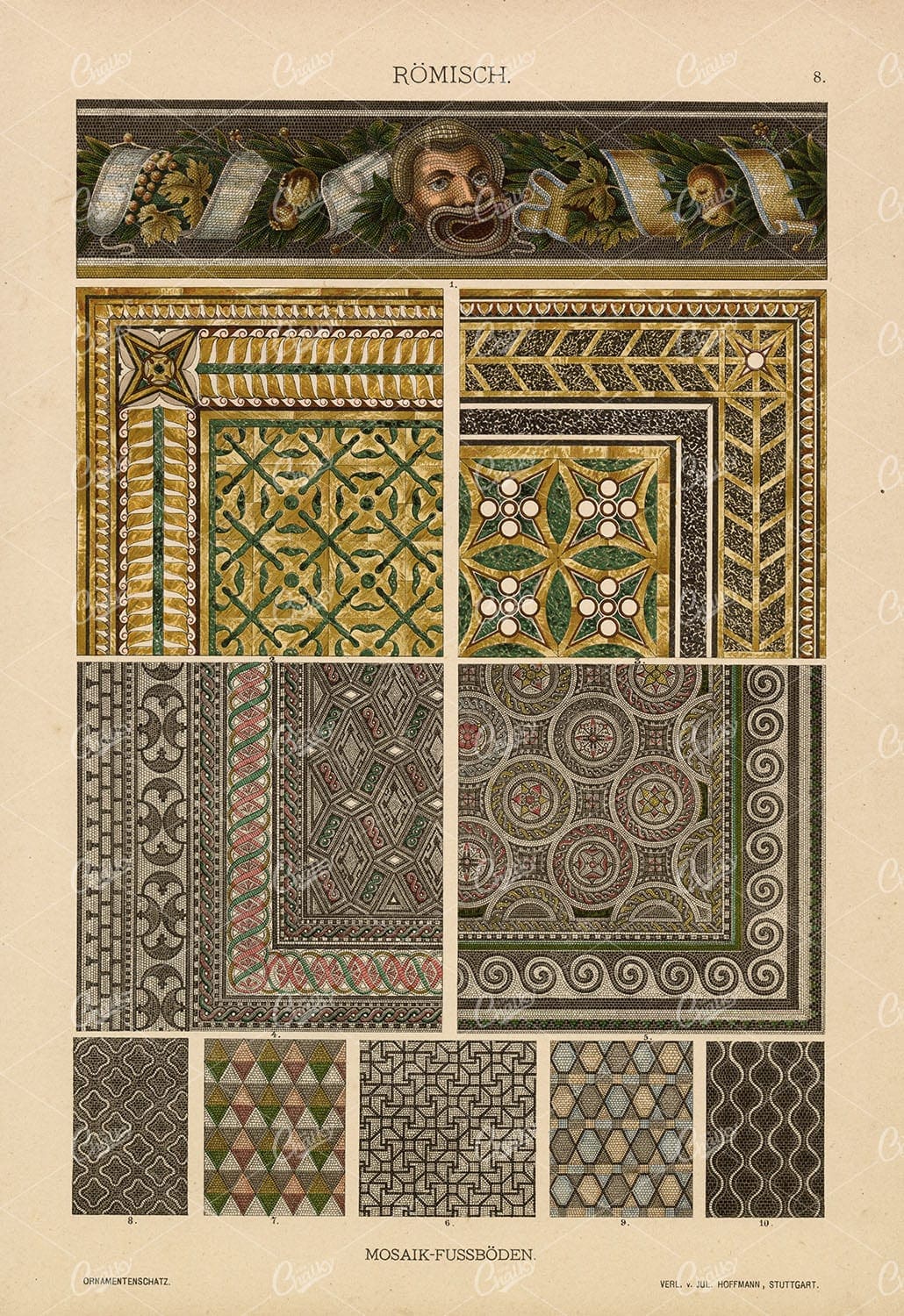 VINTAGE Ornamental Roman Mosaic Floor Designs - Ornamentenschatz 1889