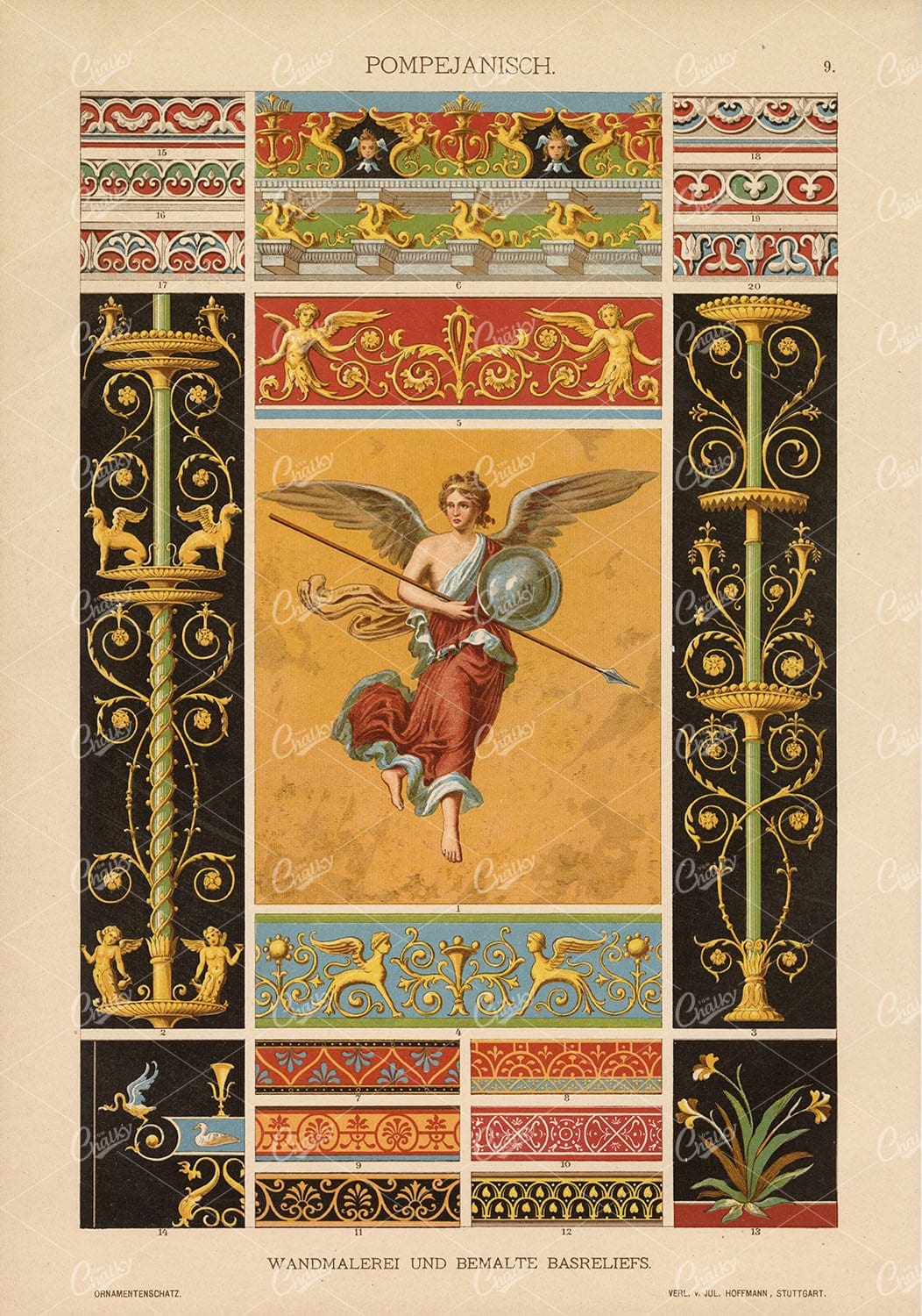 ANTIQUE Pompeian Wall Paintings and Bas-Reliefs - Decorative 1889 Print