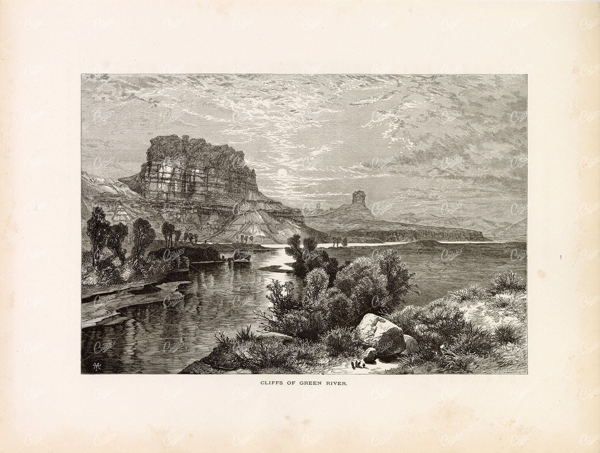 WYOMING, Cliffs of Green River - Antique American Landscape Engraving