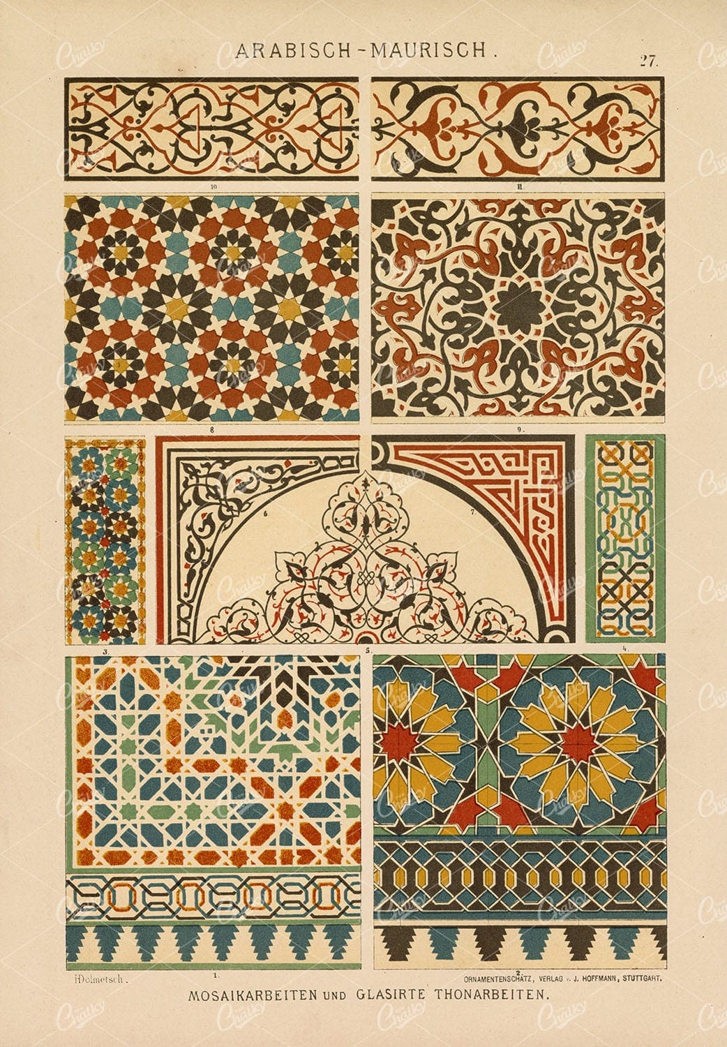 ARABIC Moorish Clay Mosaic Ornamental Designs - Antique 1889 Print