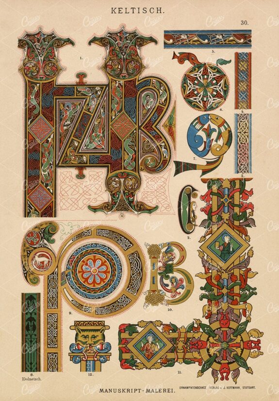 CELTIC Decorative Illuminated Typography and Borders - Antique 1889 Print