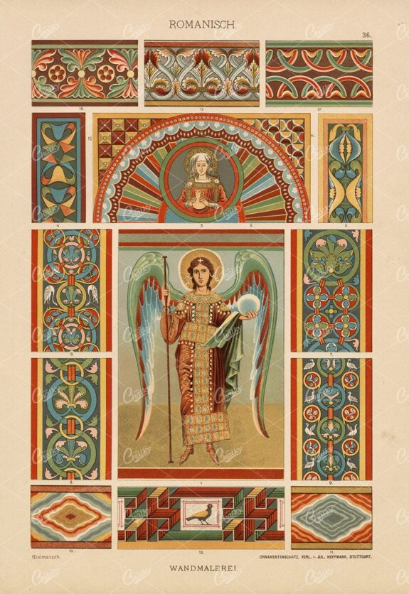 ROMAN Wall Painting - Ornamental / Decorative Antique Artwork 1889
