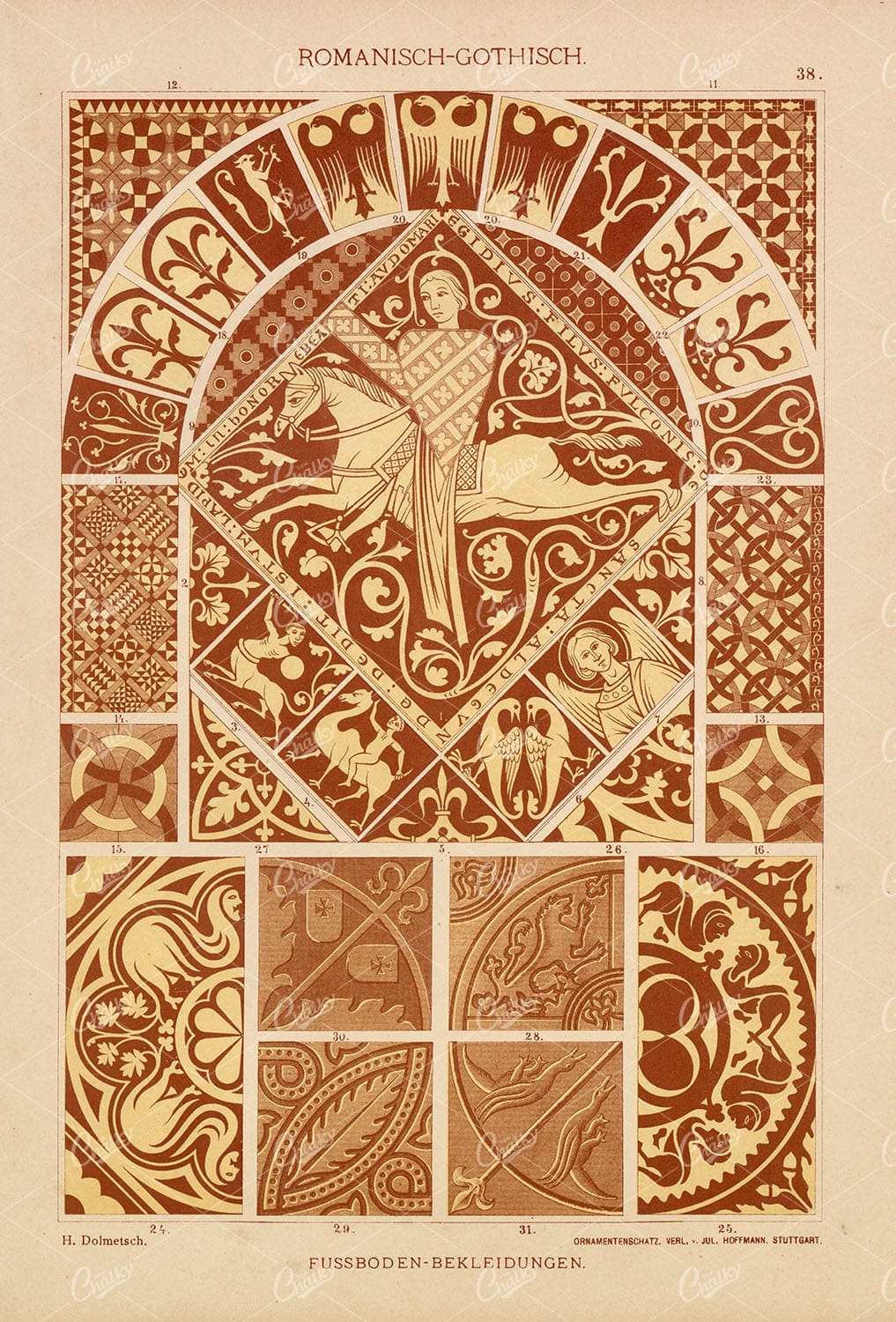 ORNAMENTAL Roman / Gothic Floor Designs - Original Antique Print 1889