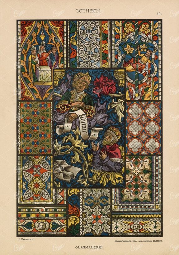 DECORATIVE Gothic Stained Glass Work - Original Antique 1889 Print