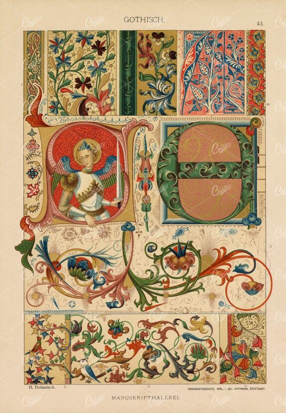 DECORATIVE Gothic Manuscript Painting - Illuminated Artwork 1889 Print
