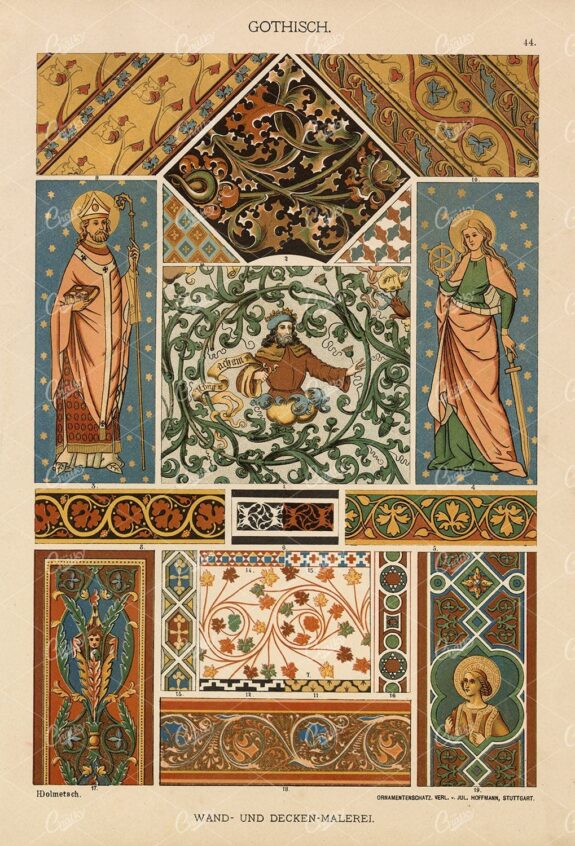 ORNAMENTAL Gothic Wall and Ceiling Painting - Antique 1889 Print