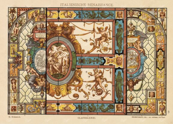ITALIAN Renaissance - Ornamental Stained Glass Work - Antique 1889 Print