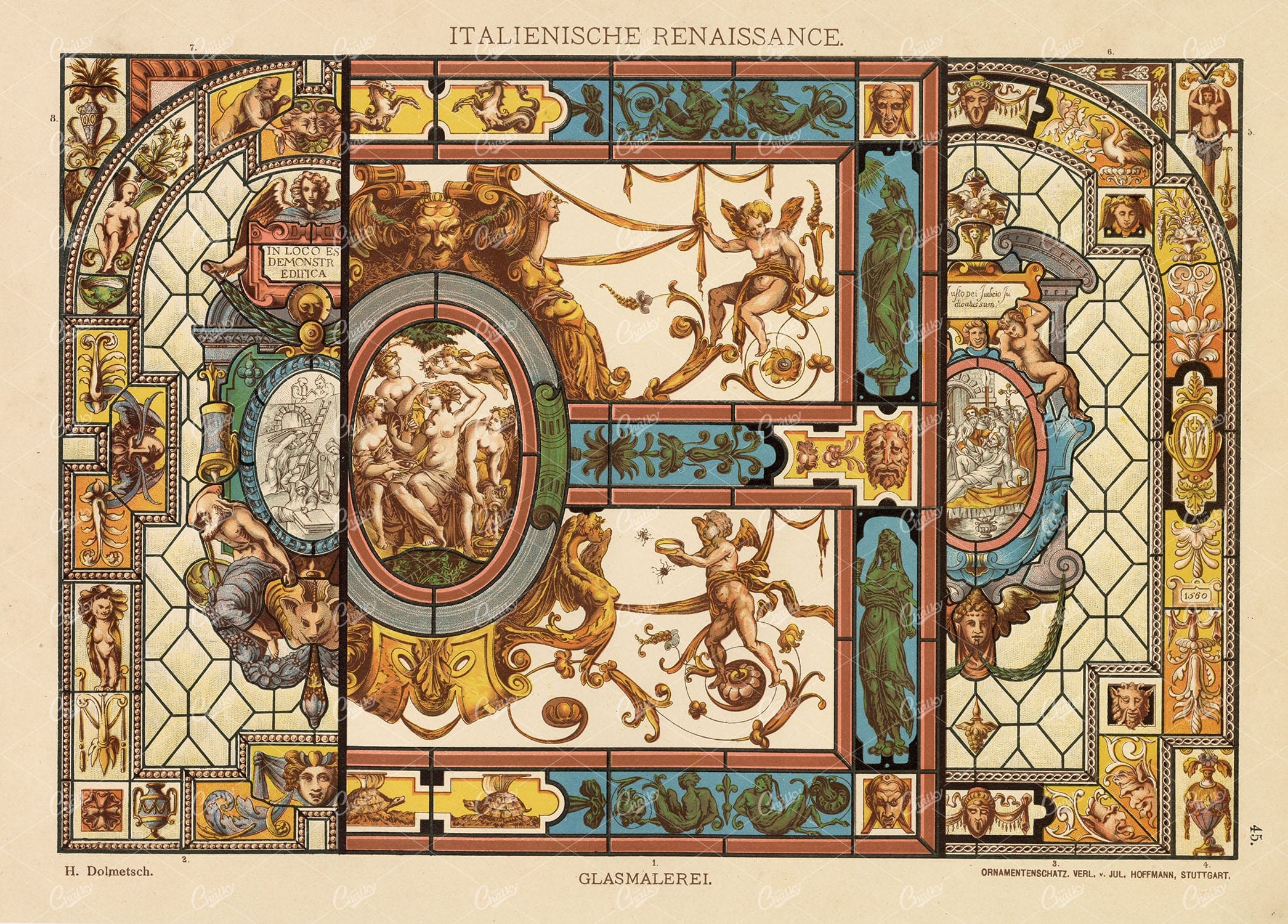 ITALIAN Renaissance - Ornamental Stained Glass Work - Antique 1889 Print