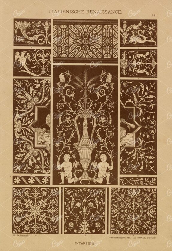 ITALIAN Renaissance - Ornamental Marquetry - Antique 1889 Print