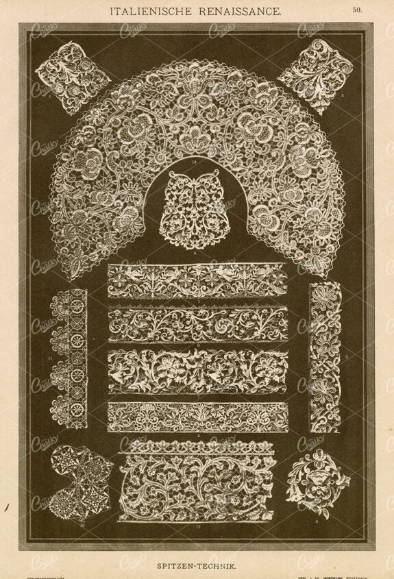 ITALIAN Renaissance - Decorative Lace Designs - Antique 1889 Print