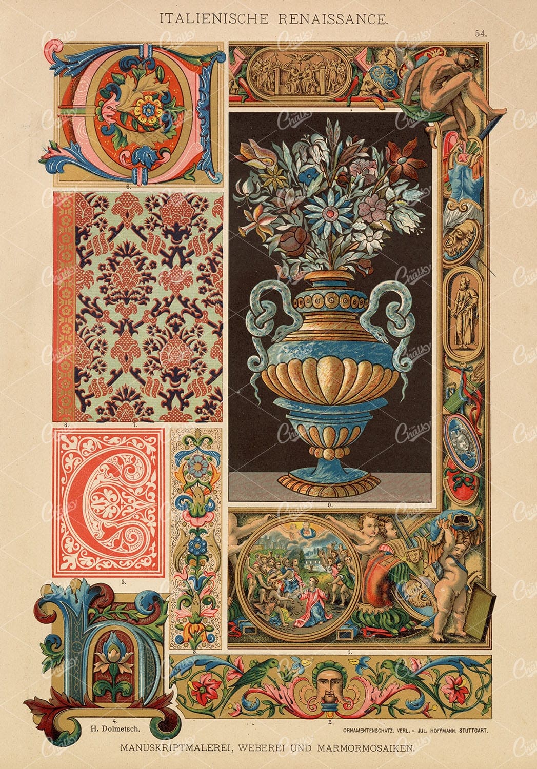 ITALIAN Renaissance - Decorative Illuminate Designs - 1889 Antique Print