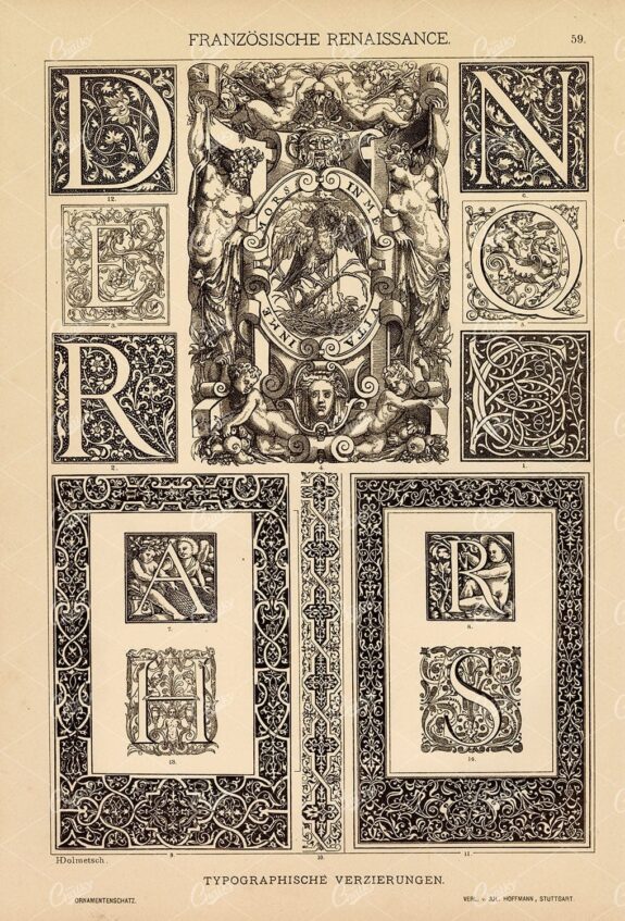 FRENCH Renaissance Ornamental Typography Design - Antique Print 1889