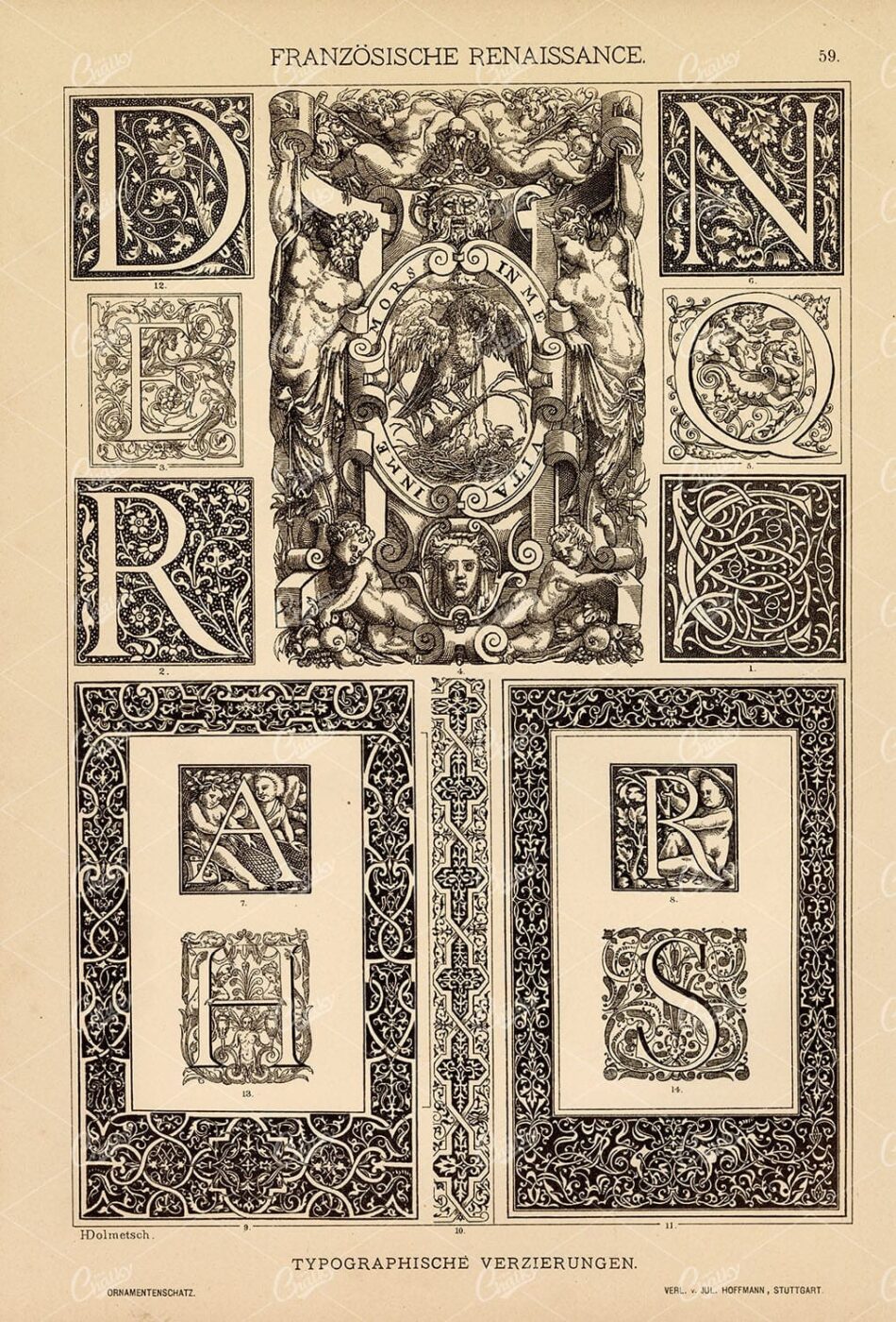 FRENCH Renaissance Ornamental Typography Design - Antique Print 1889