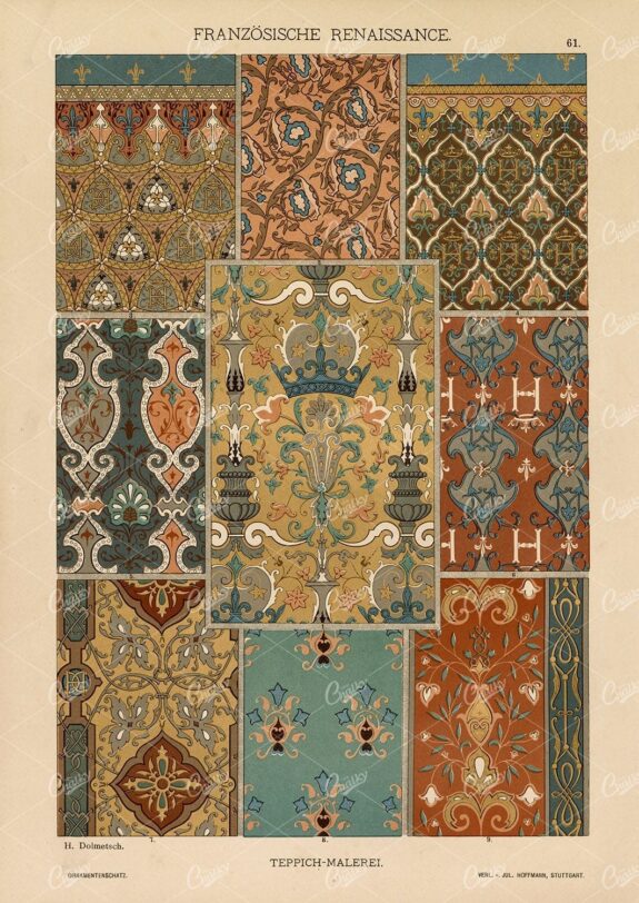 FRENCH Renaissance - Decorative Carpet Designs - Antique 1889 Print