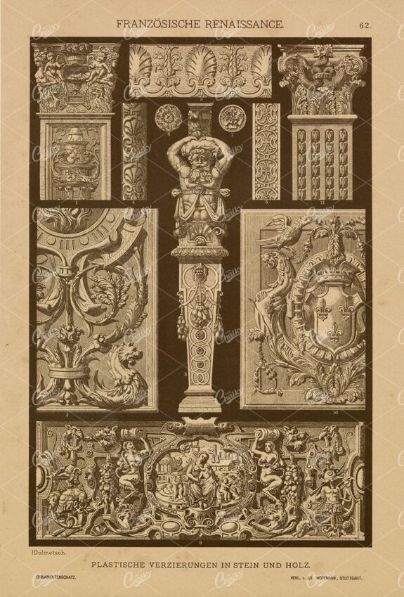 FRENCH Renaissance - Ornaments in Stone and Wood - Antique 1889 Print