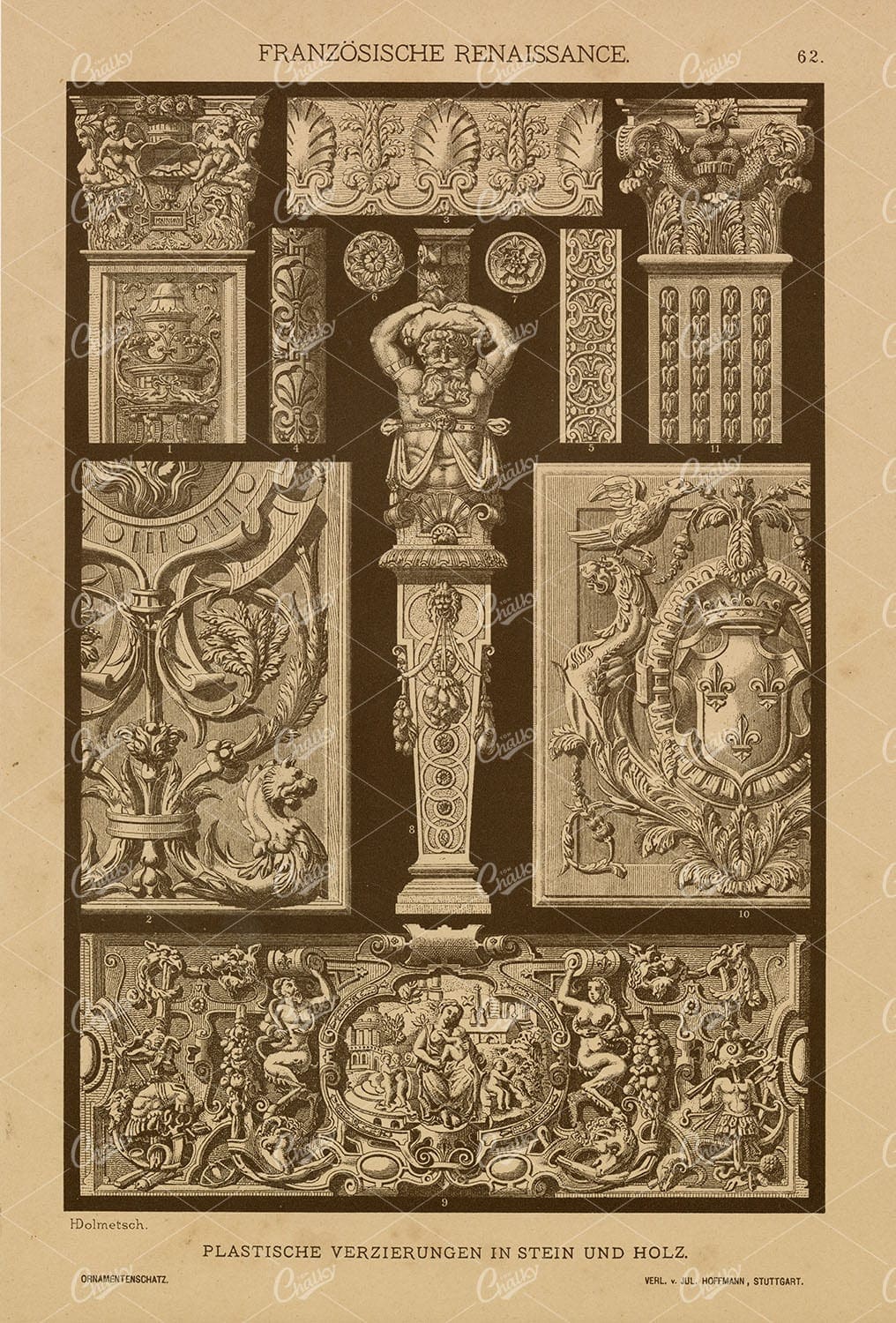 FRENCH Renaissance - Ornaments in Stone and Wood - Antique 1889 Print