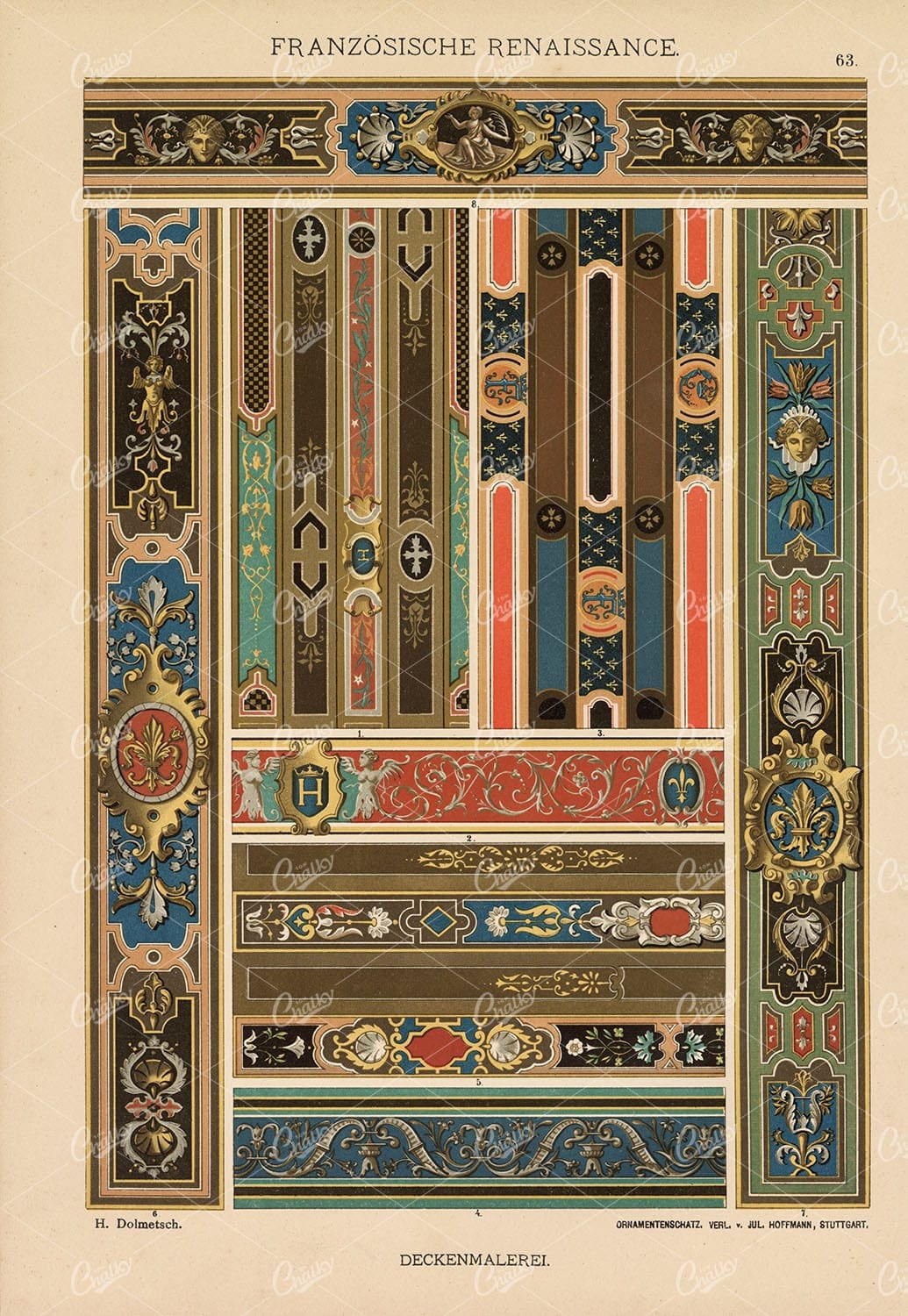 FRENCH Renaissance - Decorative Ceiling Paintings - Antique 1889 Print