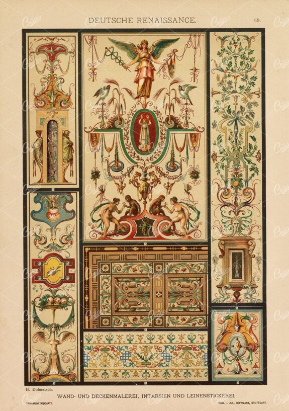 DUTCH Renaissance - Ornamental Ceiling Paintings - 1889 Antique Print