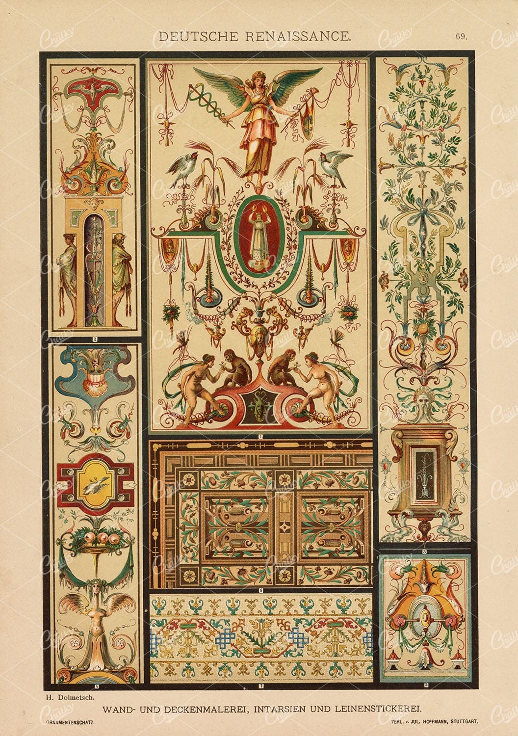 DUTCH Renaissance - Ornamental Ceiling Paintings - 1889 Antique Print