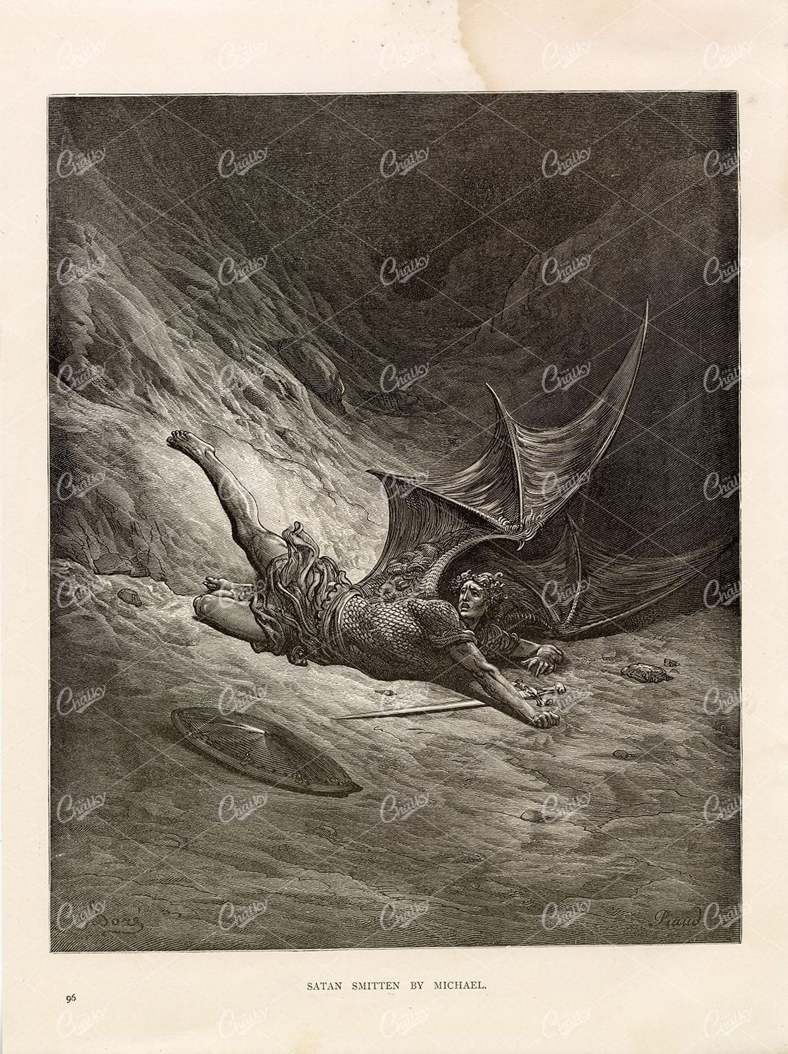 ANTIQUE Religious Print - Gustave Dore 1891 - Satan Smitten by Michael