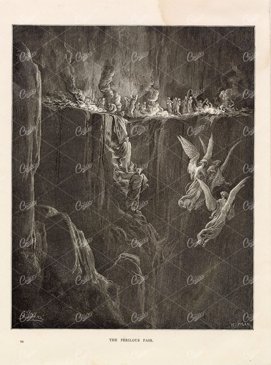 ANTIQUE Religious Print - The Perilous Pass - 1891 Gustave Dore Litho
