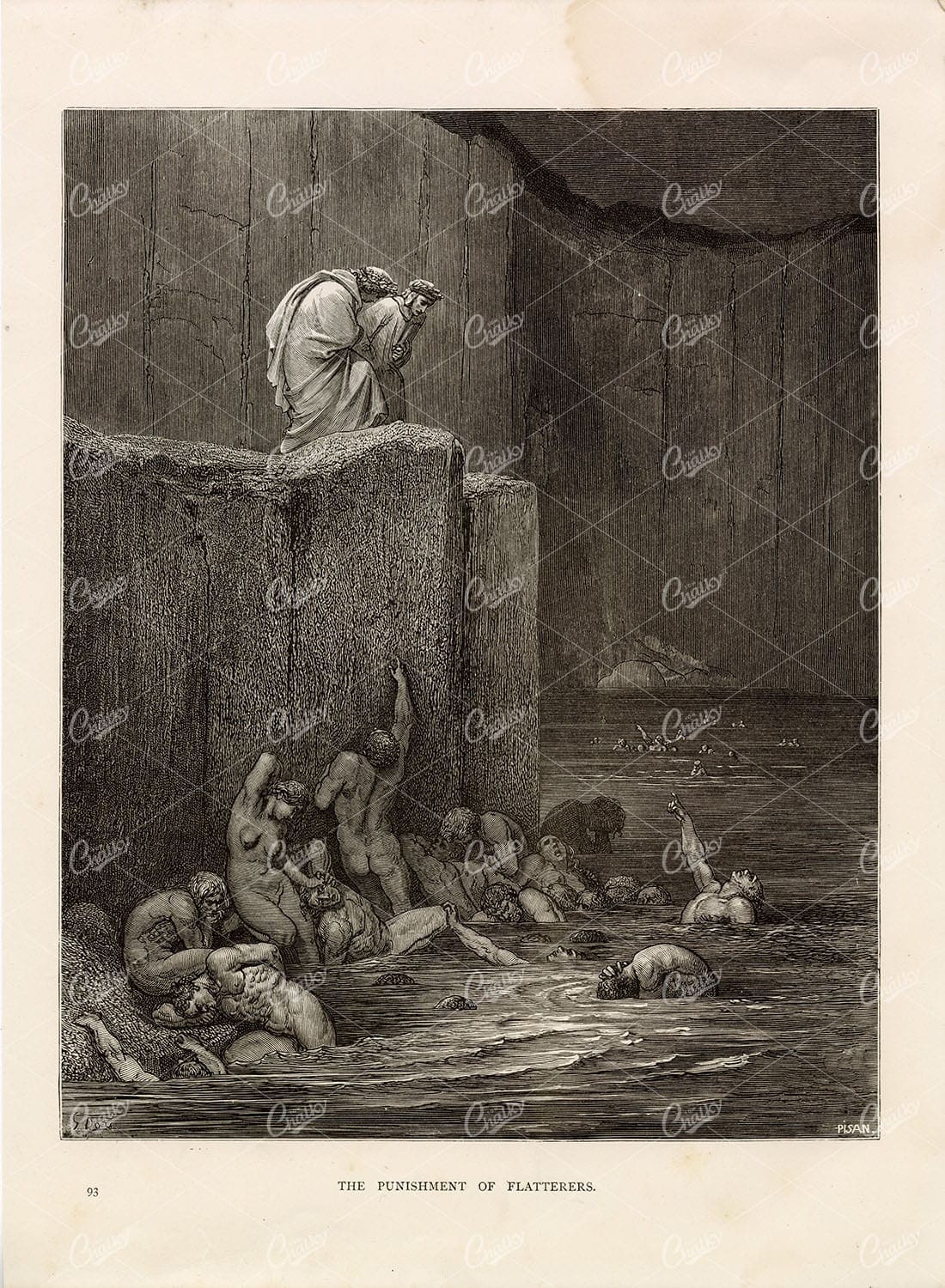 ANTIQUE 1891 Print - Gustave Dore - The Punishment of Flatterers
