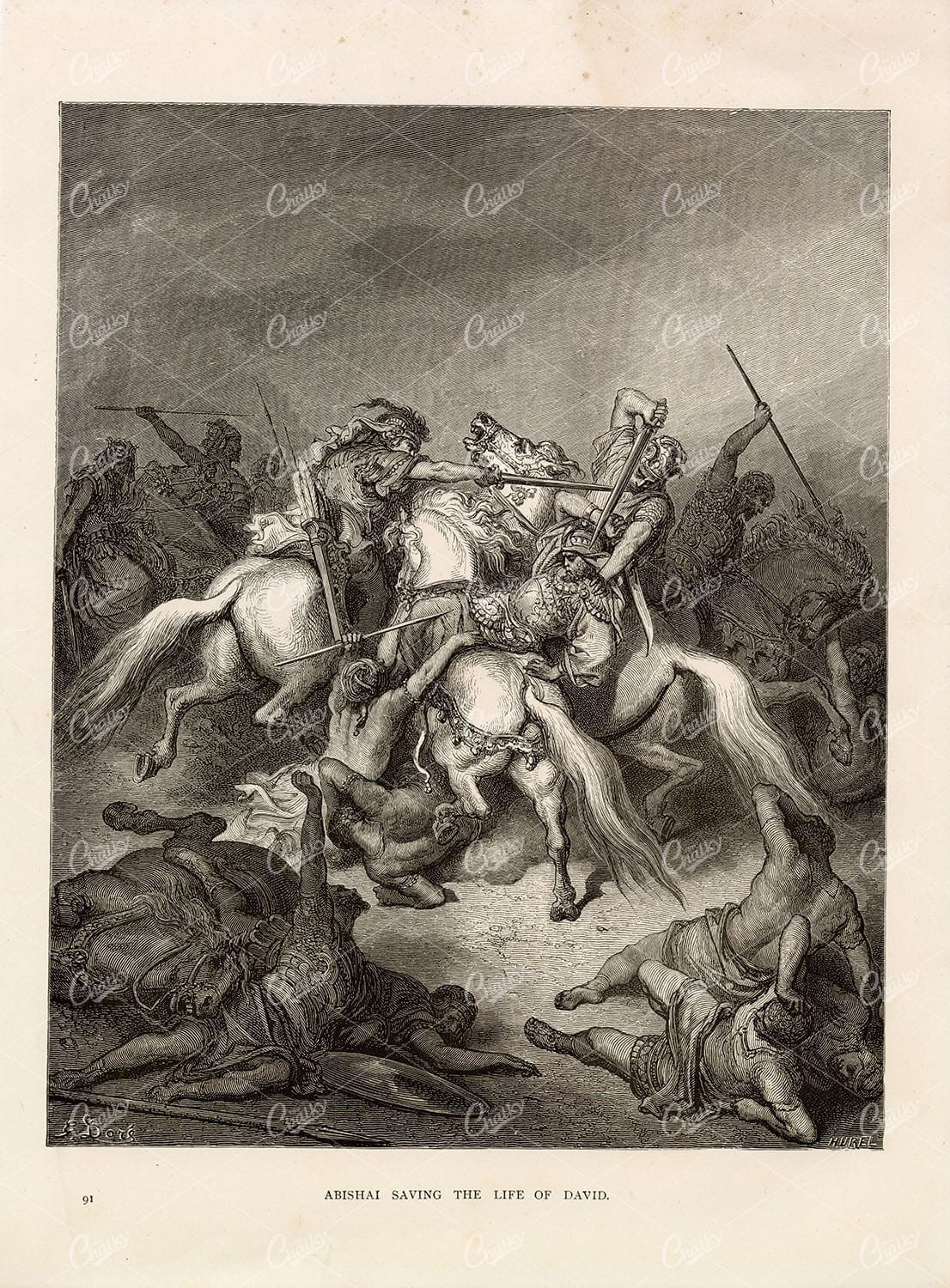 ANTIQUE 1890s Print - Gustave Dore - Abishai Saving the Life of David