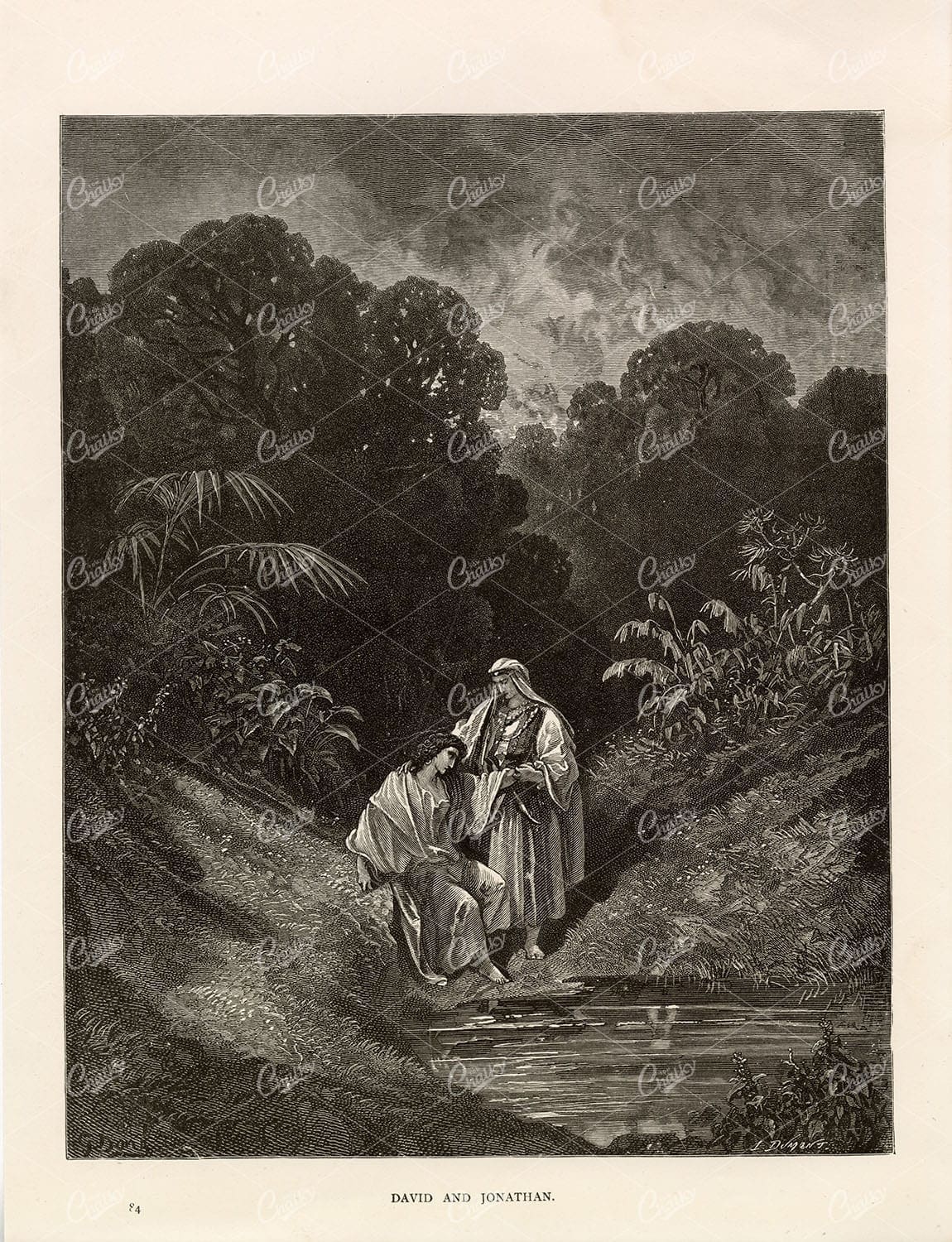 ANTIQUE Religious Print 1891 - Gustave Dore - David and Jonathan