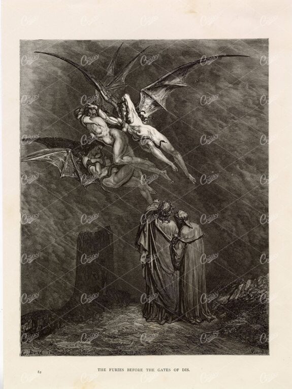 GUSTAVE DORE 1891 - Lithograph - Furies Before the Gates of Dis