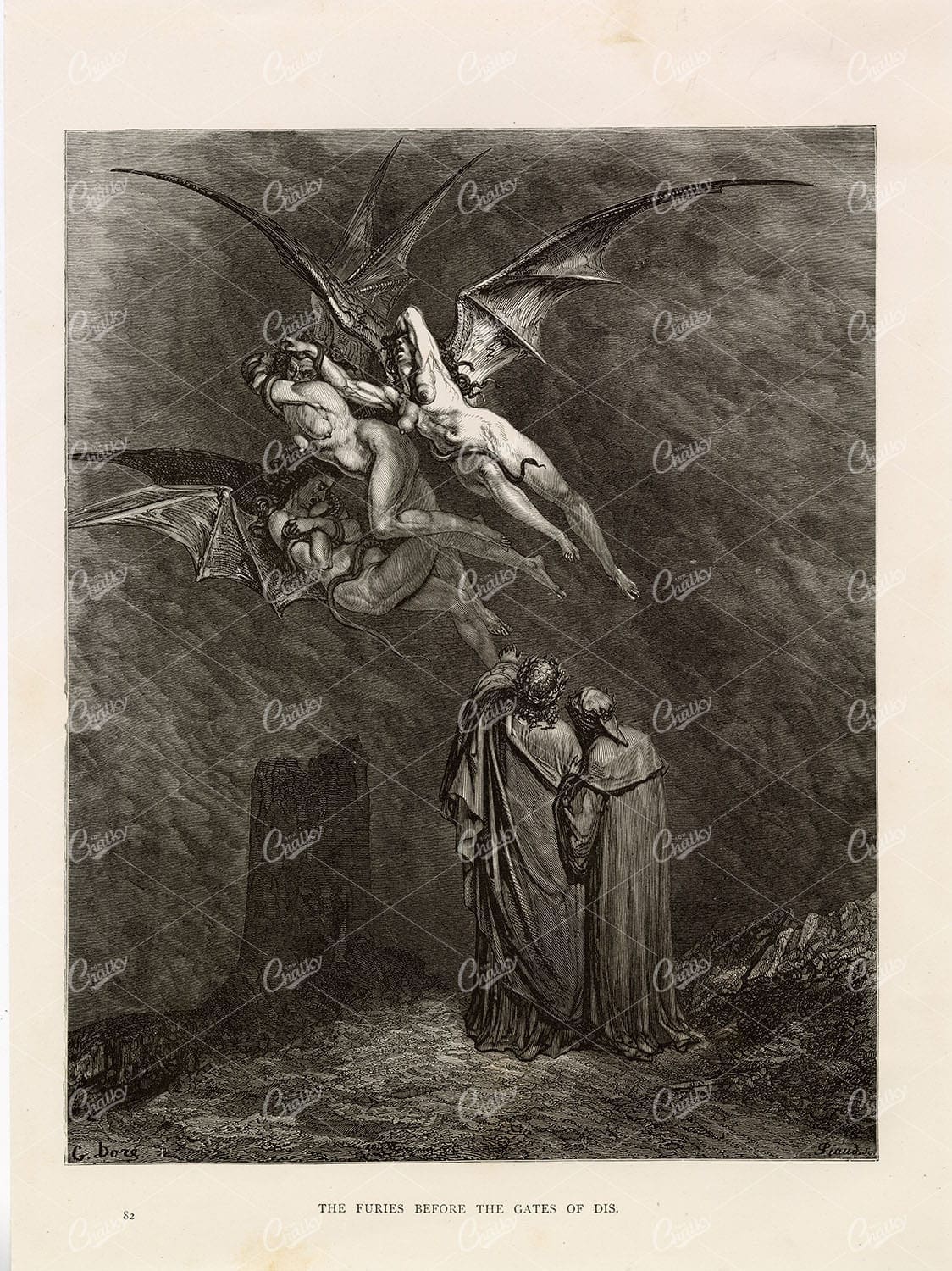 GUSTAVE DORE 1891 - Lithograph - Furies Before the Gates of Dis