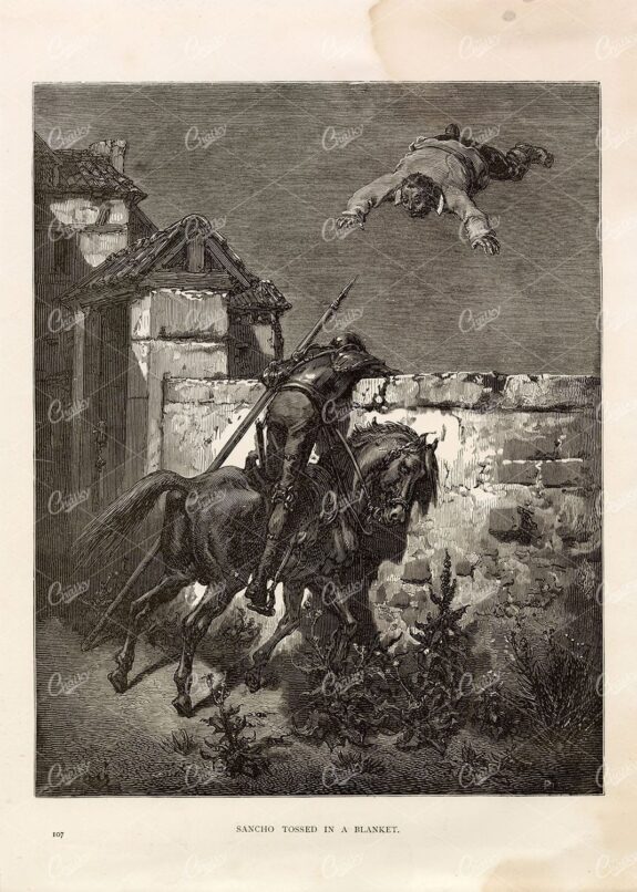 GUSTAVE DORE 1891 - Antique Print - Sancho Tossed in a Blanket