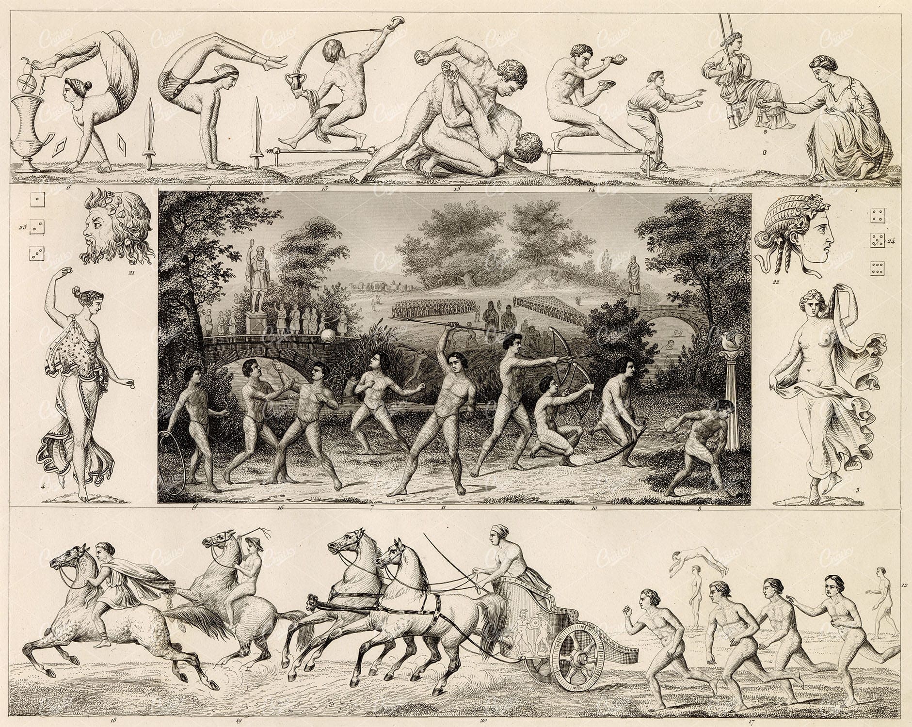 GREEK Youth and Olympic Games - Heck's Iconography Rare Original Print